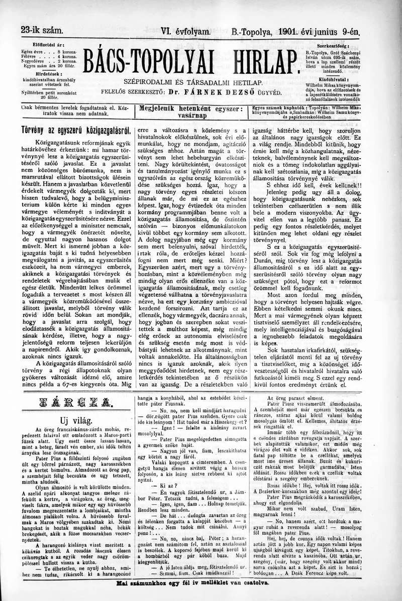 Bács-Topolyai Hirlap, 6. évf. 1901. június 9. 23. sz.
