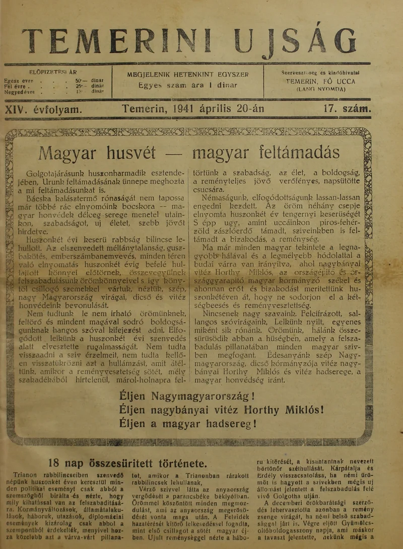 Temerini Újság 1928-1944, 14. évf. 1941. április 20. 17. sz.
