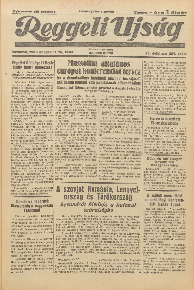 Reggeli Újság, 20. évf. 1939. augusztus 15. 224. sz.