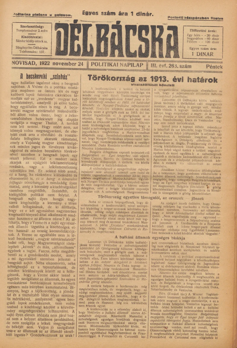 Délbácska, 3. évf. 1922. november 24. 263. sz.