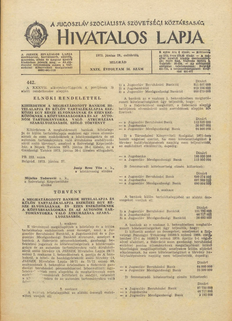 A Jugoszláv Szocialista Szövetségi Köztársaság Hivatalos Lapja, 29. évf. 1973. június 28. 36. sz. 1105–1124. oldal