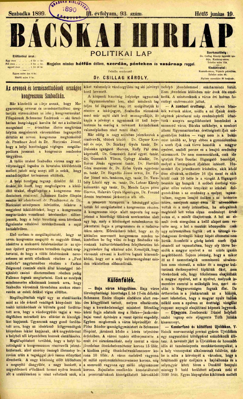 Bácskai Hirlap, 3. évf. 1899. június 19. 93. sz.