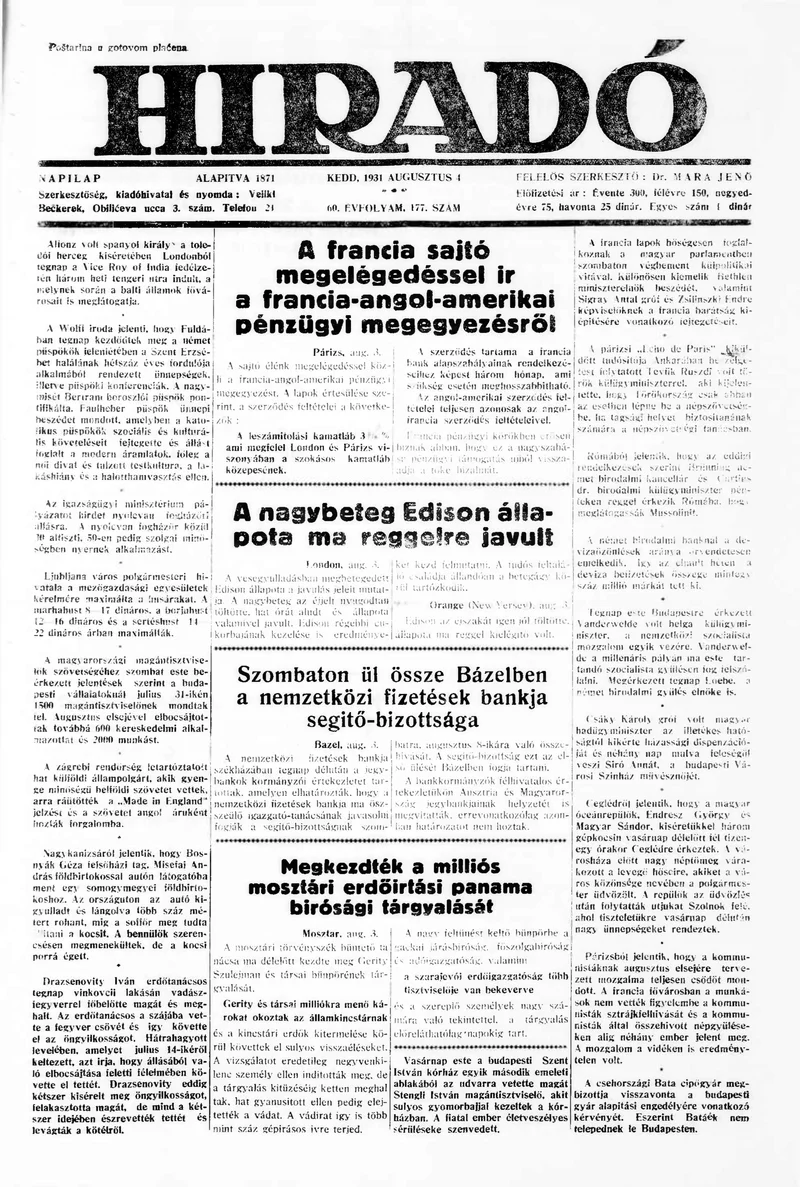 Híradó, 60. évf. 1931. augusztus 4. 177. sz.