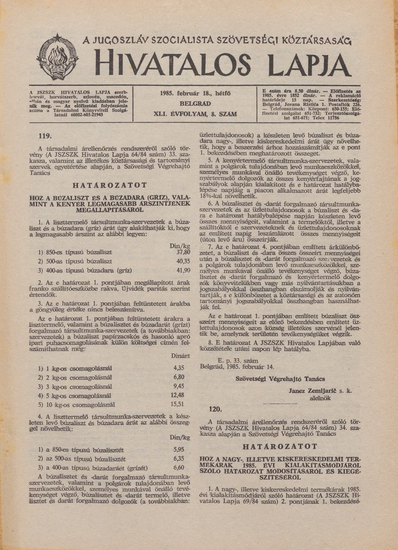 A Jugoszláv Szocialista Szövetségi Köztársaság Hivatalos Lapja, 41. évf. 1985. február 18. 8. sz. 361–368. oldal