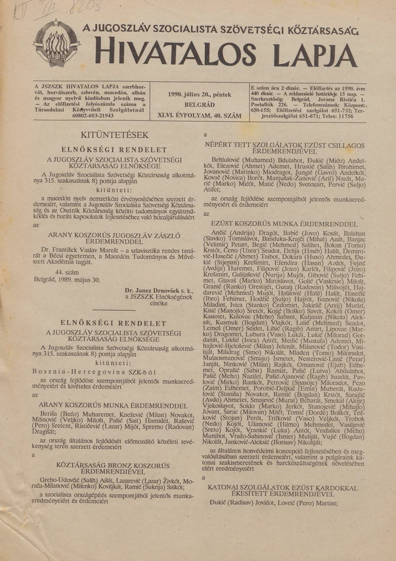 A Jugoszláv Szocialista Szövetségi Köztársaság Hivatalos Lapja, 46. évf. 1990. július 20. 40. sz. 1245–1248. oldal