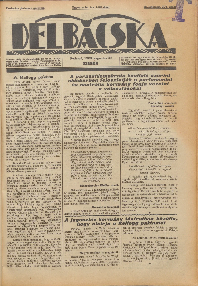Délbácska, 9. évf. 1928. augusztus 29. 201. sz.