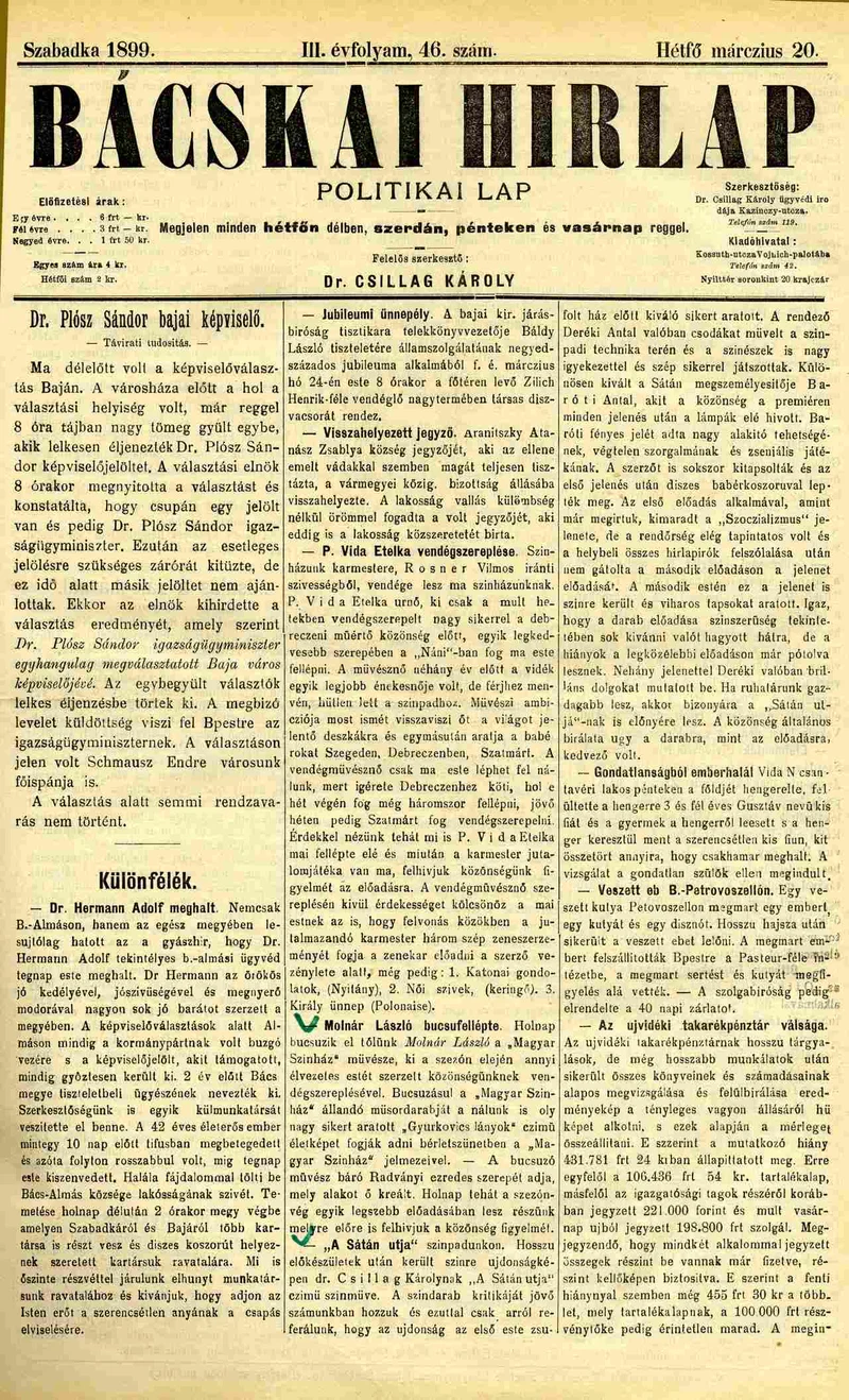 Bácskai Hirlap, 3. évf. 1899. március 20. 46. sz.