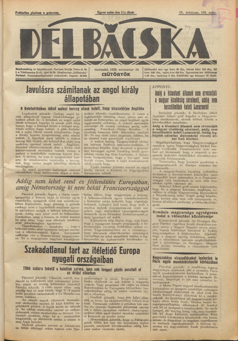 Délbácska, 9. évf. 1928. november 29. 279. sz.