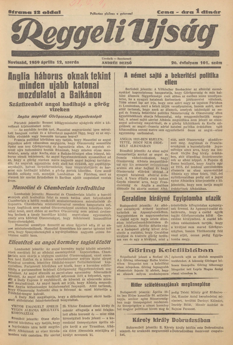 Reggeli Újság, 20. évf. 1939. április 12. 101. sz.