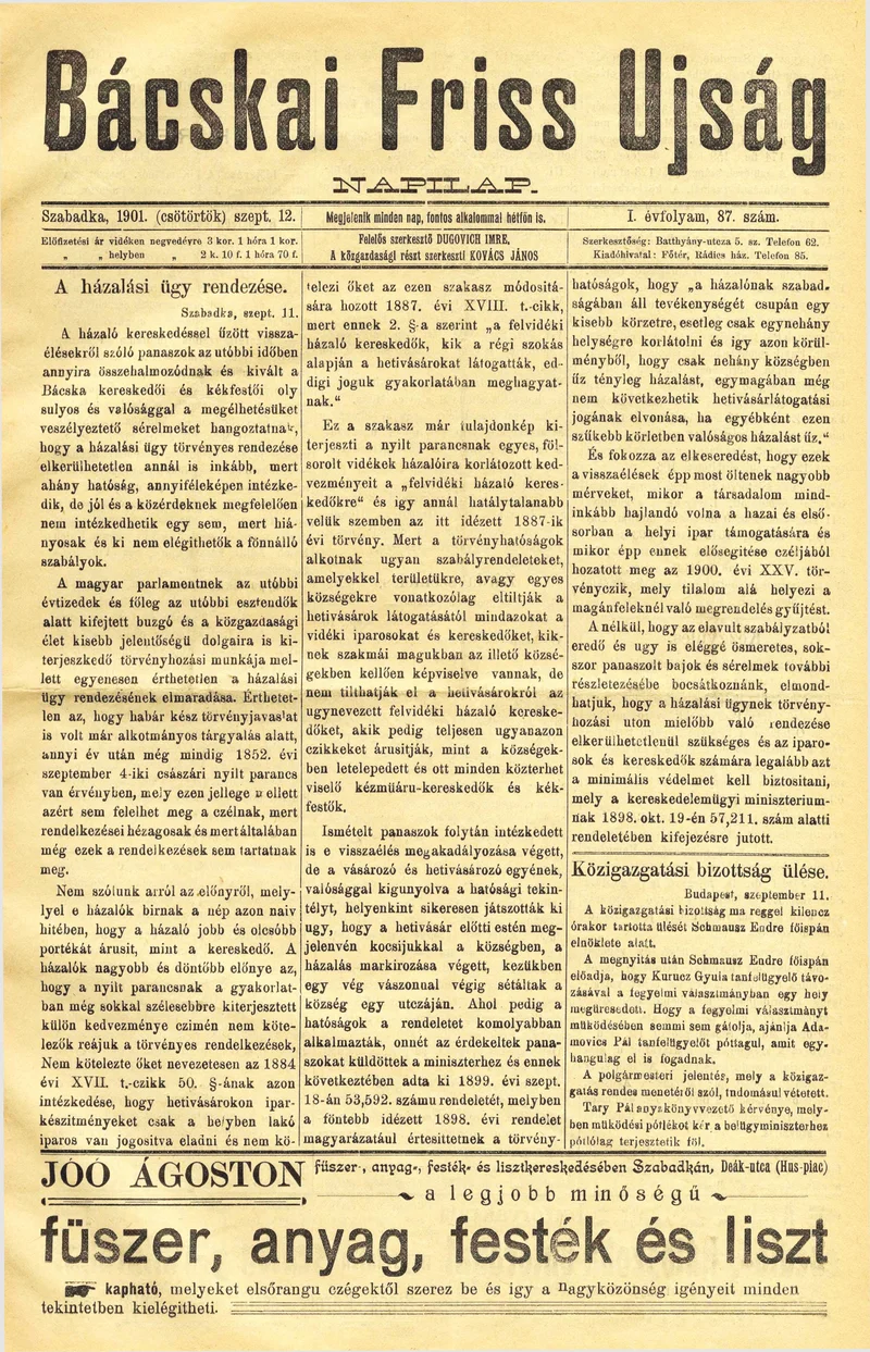 Bácskai Friss Ujság, 1. évf. 1901. szeptember 12. 87. sz.