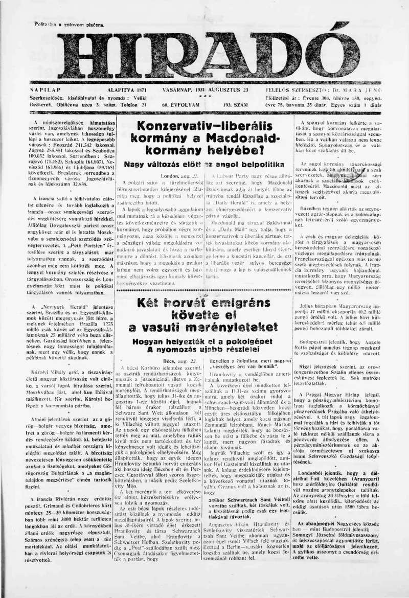 Híradó, 60. évf. 1931. augusztus 23. 193. sz.