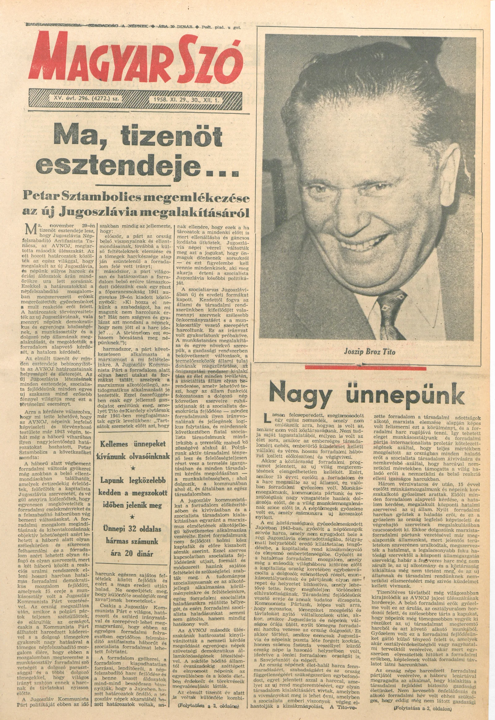 Magyar Szó, 15. évf. 1958. november 29. – december 1. 296. sz. 1–34. oldal