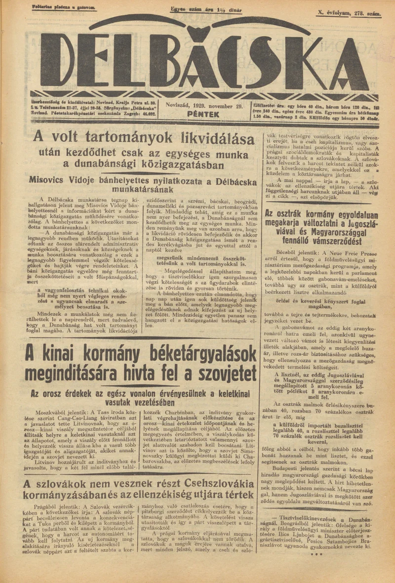 Délbácska, 10. évf. 1929. november 29. 278. sz.