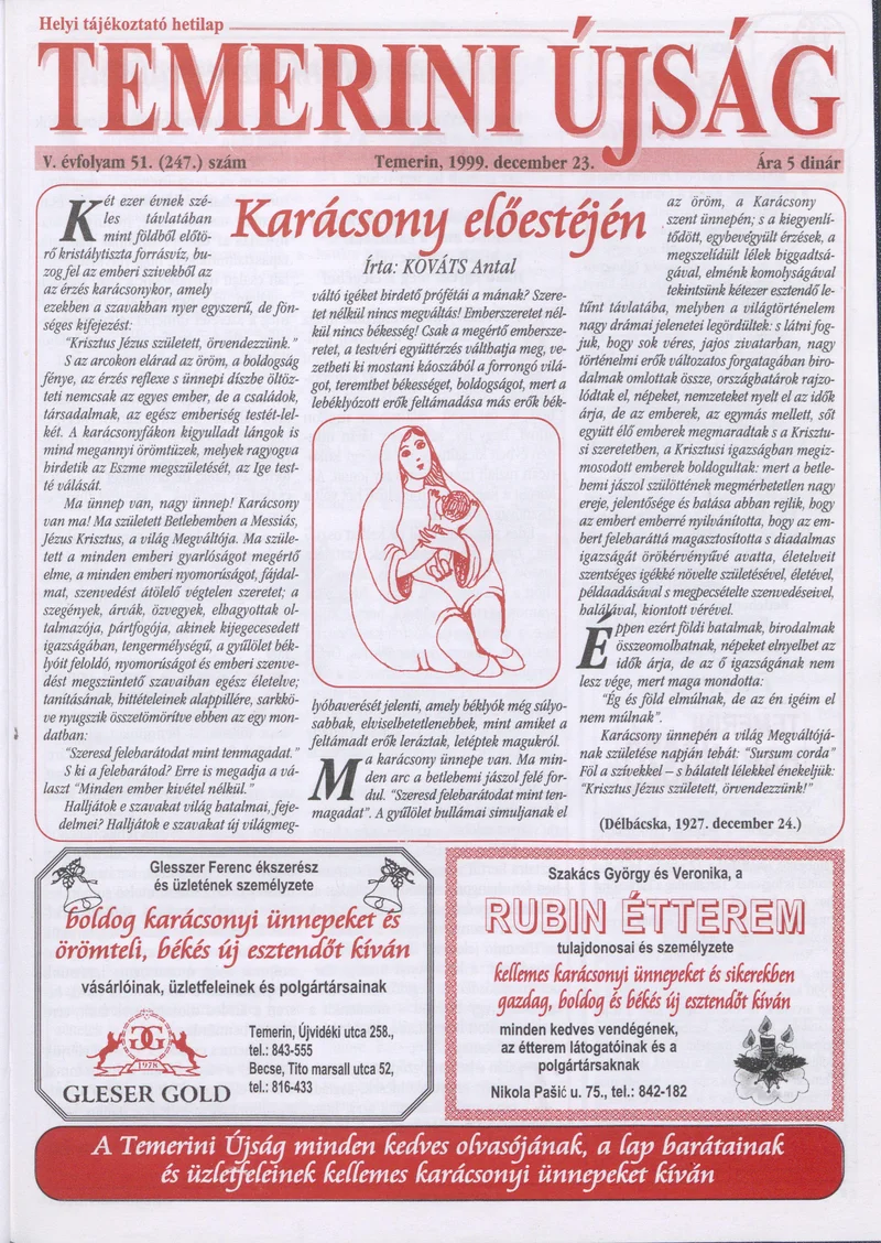 Temerini Újság, 5. évf. 1999. december 23. 51. sz.