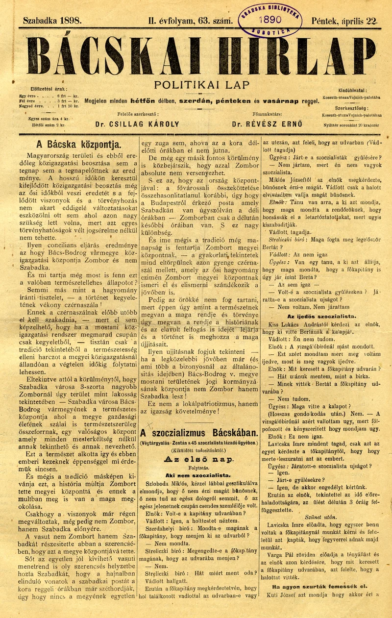 Bácskai Hirlap, 2. évf. 1898. április 22. 63. sz. 1–4. oldal