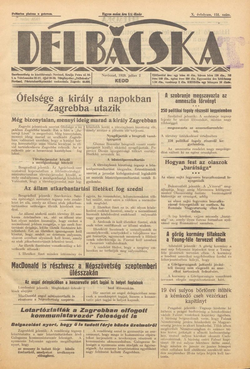 Délbácska, 10. évf. 1929. július 2. 151. sz.