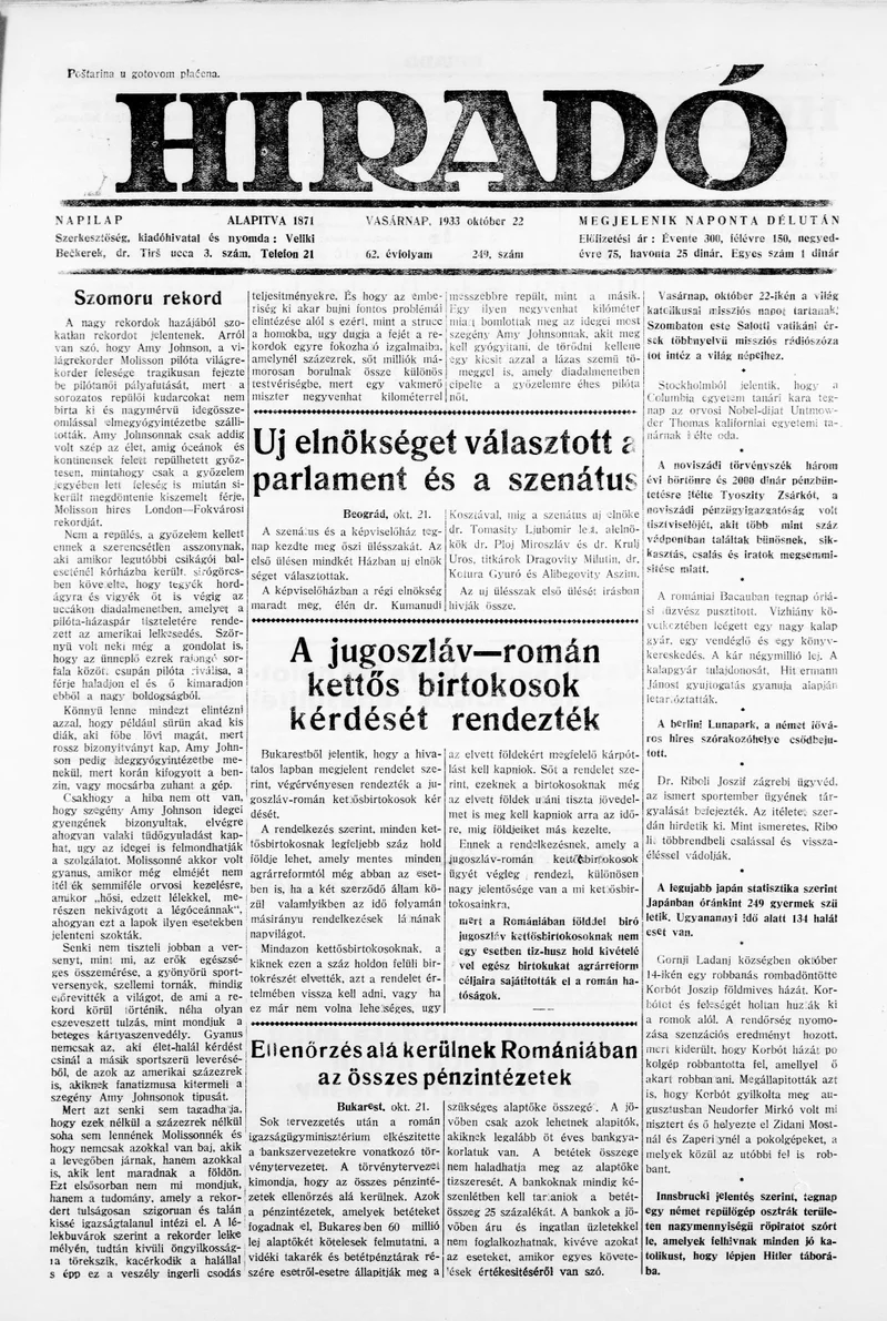 Híradó, 62. évf. 1933. október 22. 249. sz.