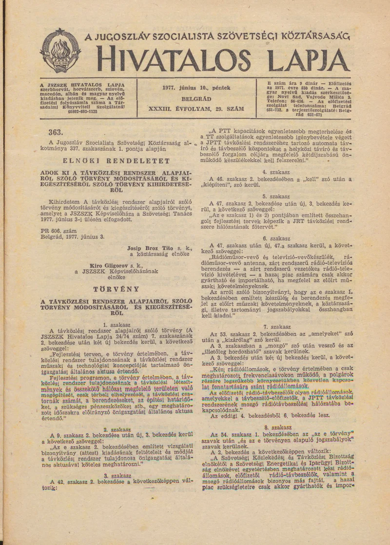 A Jugoszláv Szocialista Szövetségi Köztársaság Hivatalos Lapja, 33. évf. 1977. június 10. 29. sz. 1261–1296. oldal