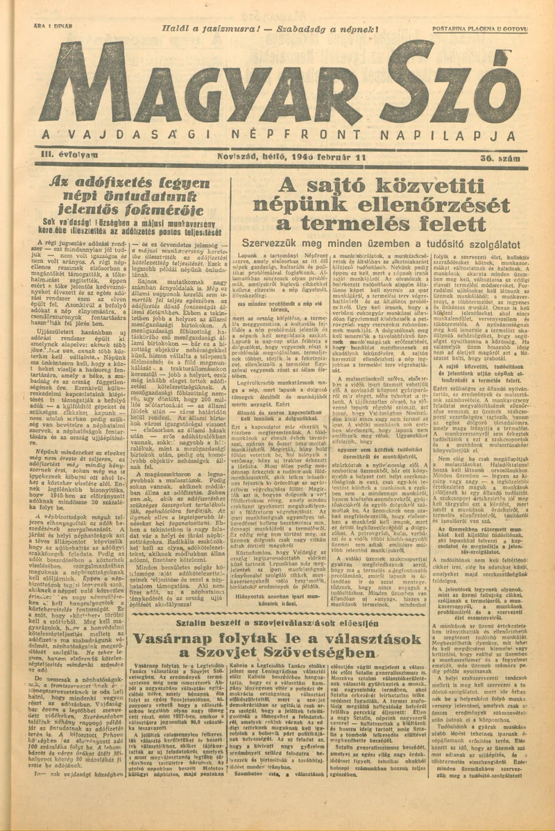Magyar Szó, 3. évf. 1946. február 11. 36. sz. 1–4. oldal