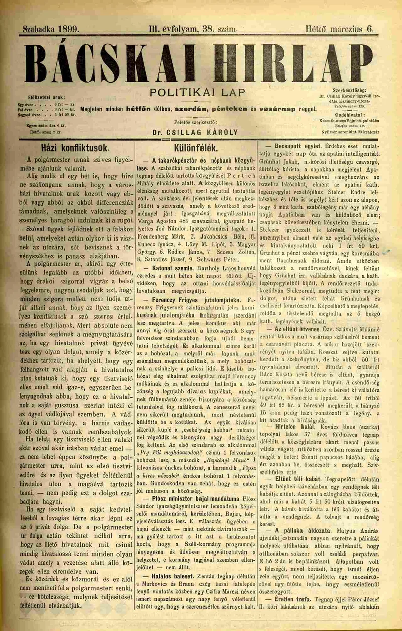 Bácskai Hirlap, 3. évf. 1899. március 6. 38. sz.