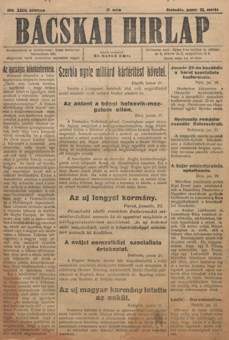 Bácskai Hirlap, 23. évf. 1919. június 22. 17. sz.