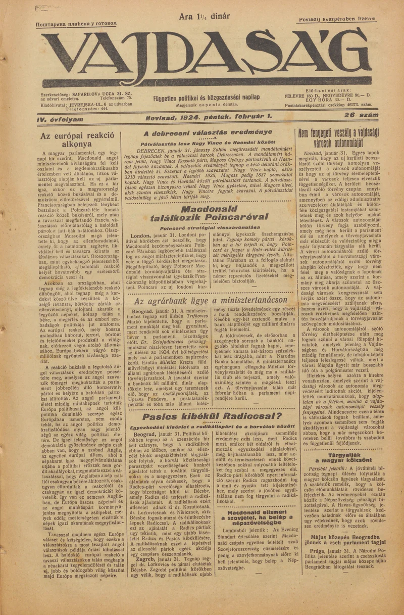 Vajdaság, 4. évf. 1924. február 1. 26. sz.