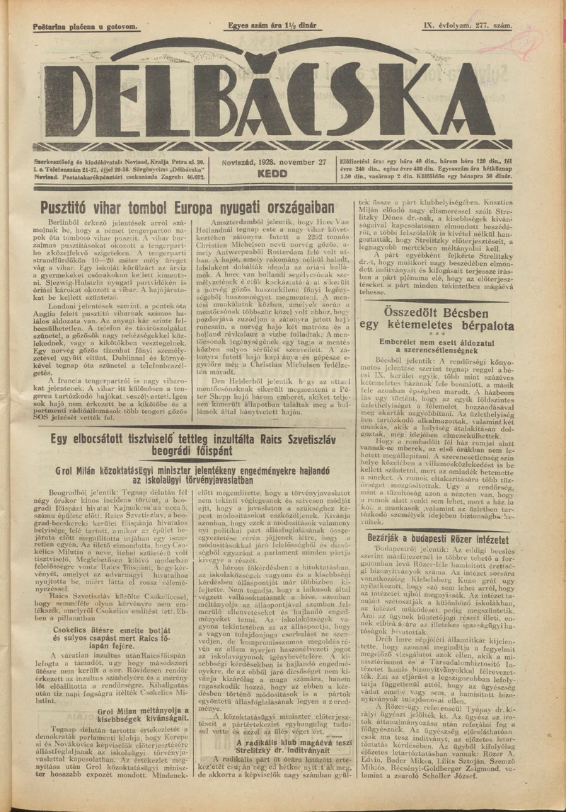 Délbácska, 9. évf. 1928. november 27. 277. sz.
