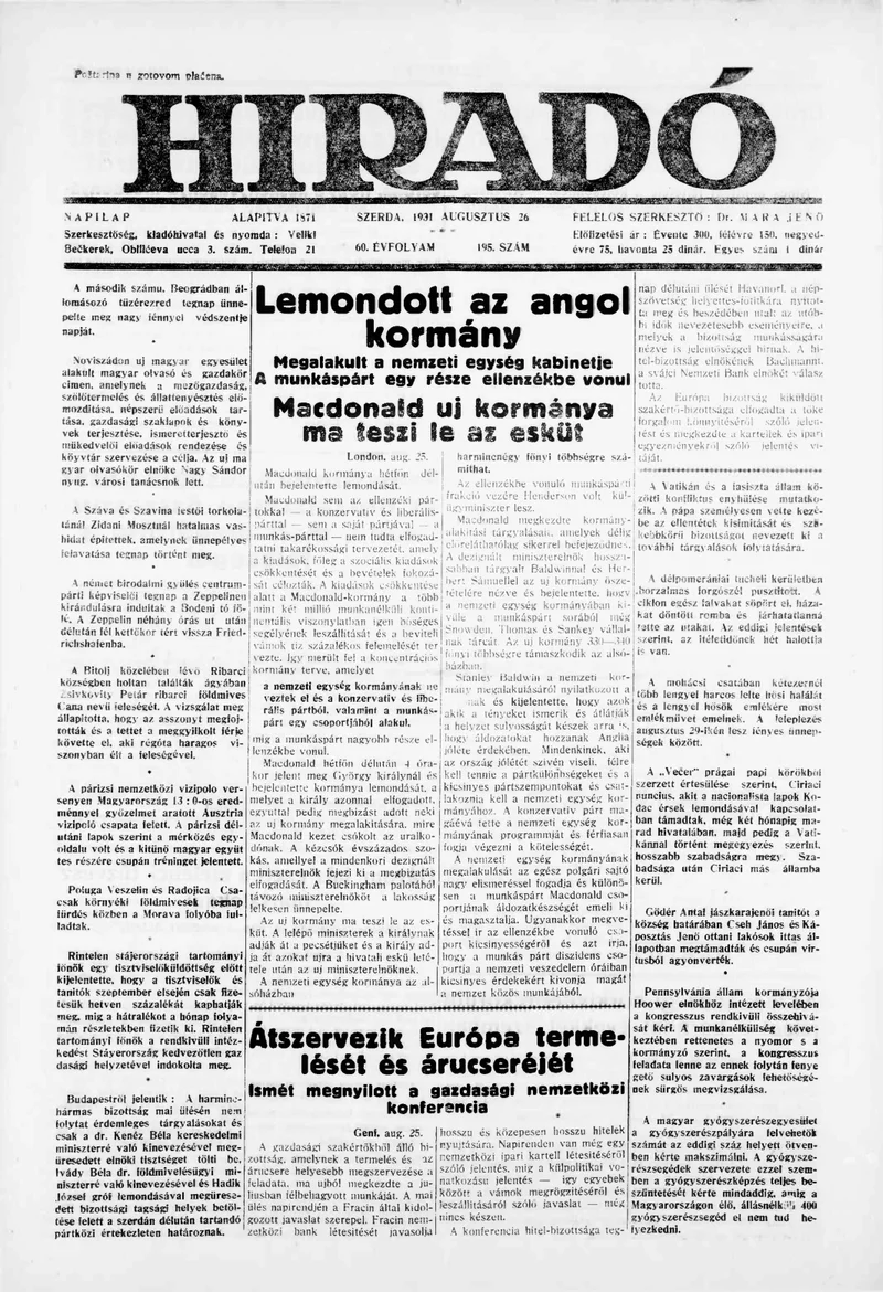 Híradó, 60. évf. 1931. augusztus 26. 195. sz.