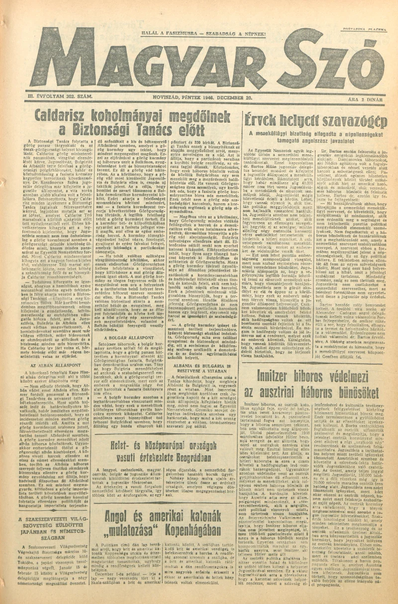 Magyar Szó, 3. évf. 1946. december 20. 302. sz. 1–6. oldal