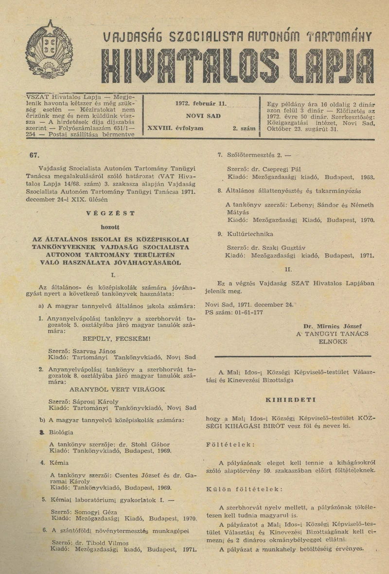 Vajdaság Szocialista Autonóm Tartomány Hivatalos Lapja, 28. évf. 1972. február 11. 2. sz. 17–18. oldal