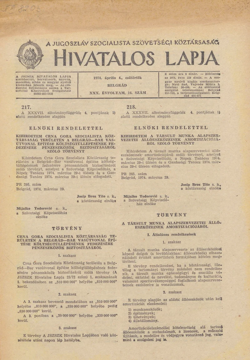 A Jugoszláv Szocialista Szövetségi Köztársaság Hivatalos Lapja, 30. évf. 1974. április 4. 16. sz. 401–424. oldal