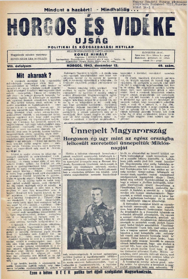 Horgos és vidéke, 8. évf. 1943. december 12. 49. sz.