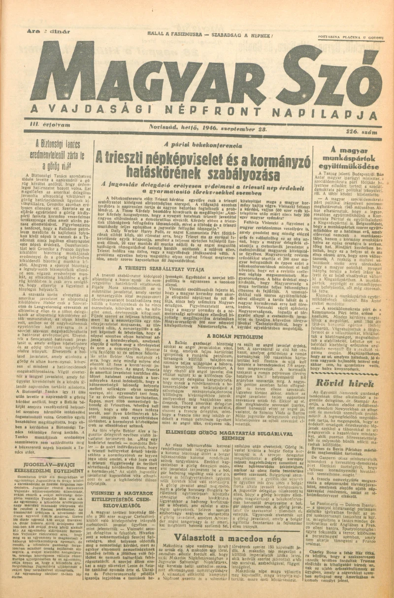 Magyar Szó, 3. évf. 1946. szeptember 23. 226. sz. 1–4. oldal