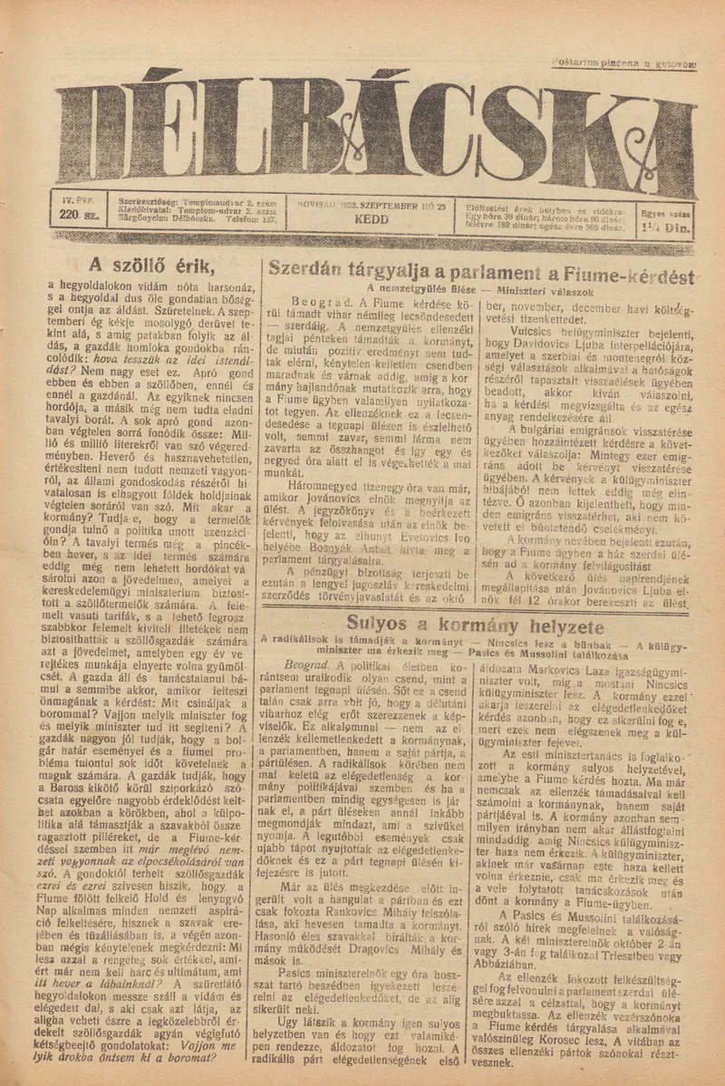 Délbácska, 4. évf. 1923. szeptember 25. 220. sz.