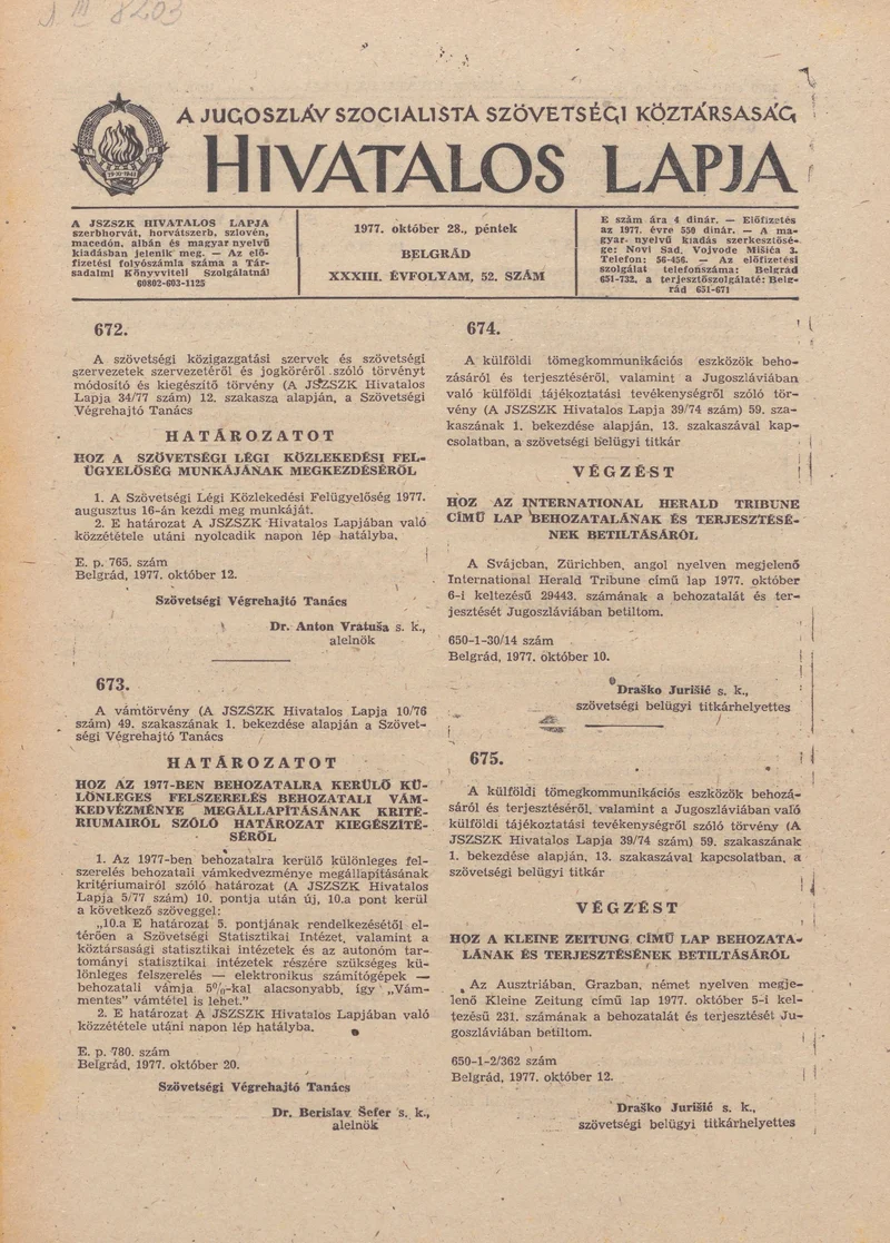 A Jugoszláv Szocialista Szövetségi Köztársaság Hivatalos Lapja, 33. évf. 1977. október 28. 52. sz. 1861–1884. oldal