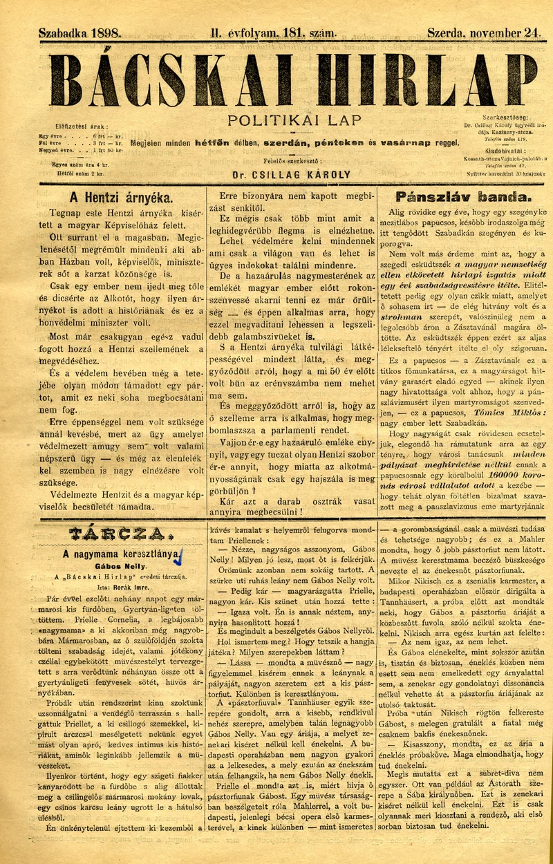 Bácskai Hirlap, 2. évf. 1898. november 24. 181. sz. 1–4. oldal