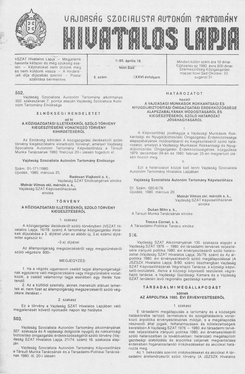 Vajdaság Szocialista Autonóm Tartomány Hivatalos Lapja, 36. évf. 1980. április 18. 8. sz. 401–412. oldal