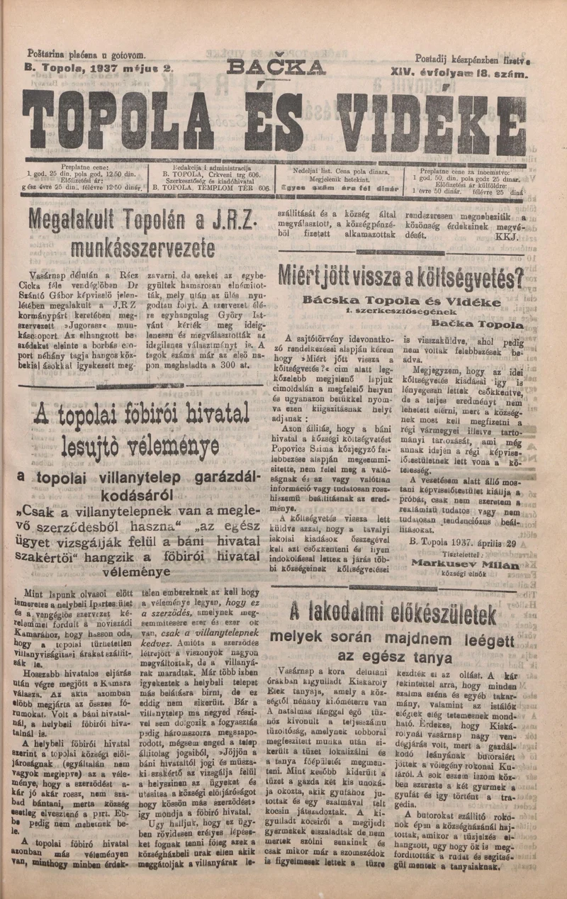 Bačka Topola és Vidéke, 14. évf. 1937. május 2. 18. sz.