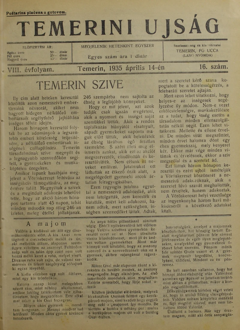 Temerini Újság 1928-1944, 8. évf. 1935. április 14. 16. sz.
