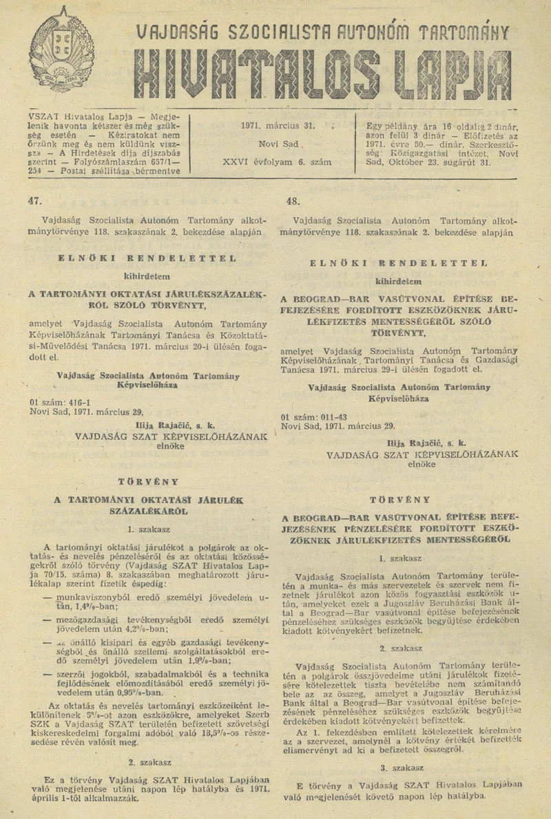 Vajdaság Szocialista Autonóm Tartomány Hivatalos Lapja, 27. évf. 1971. március 31. 6. sz. 77–80. oldal