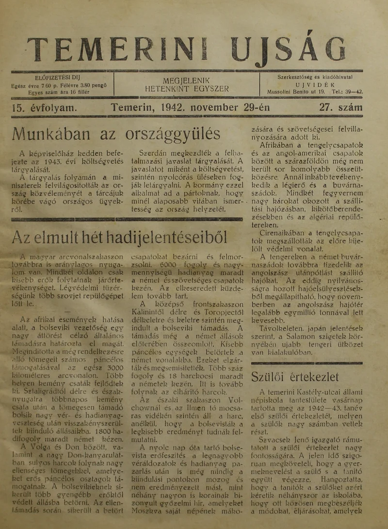 Temerini Újság 1928-1944, 15. évf. 1942. november 29. 27. sz.