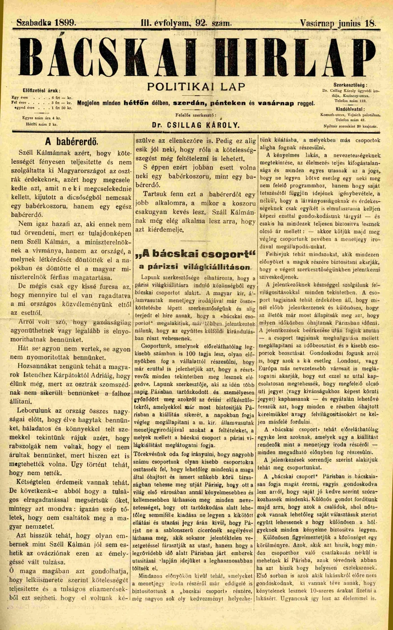 Bácskai Hirlap, 3. évf. 1899. június 18. 92. sz.