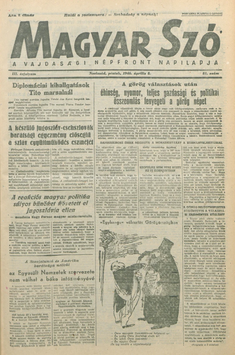 Magyar Szó, 3. évf. 1946. április 5. 81. sz. 1–8. oldal
