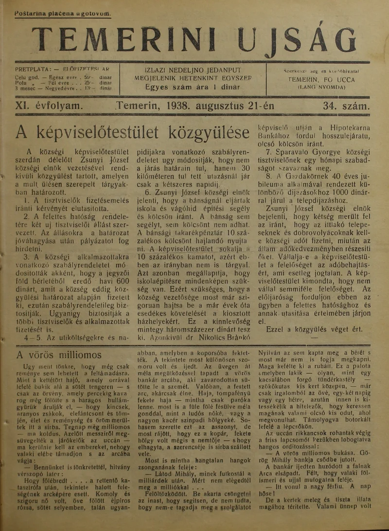Temerini Újság 1928-1944, 11. évf. 1938. augusztus 21. 34. sz.