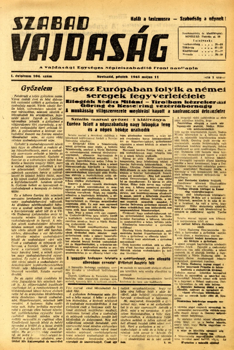 Szabad Vajdaság, 2. évf. 1945. május 11. 104. sz.