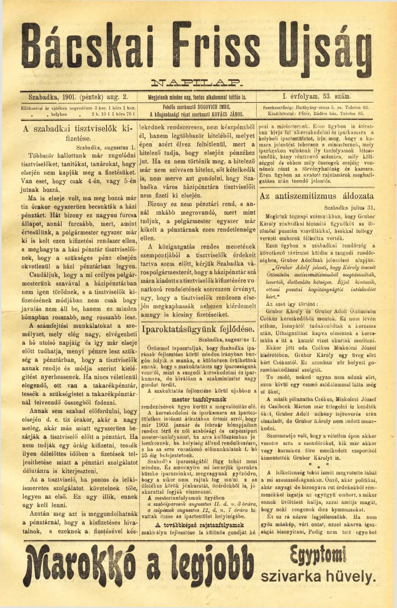 Bácskai Friss Ujság, 1. évf. 1901. augusztus 2. 53. sz.