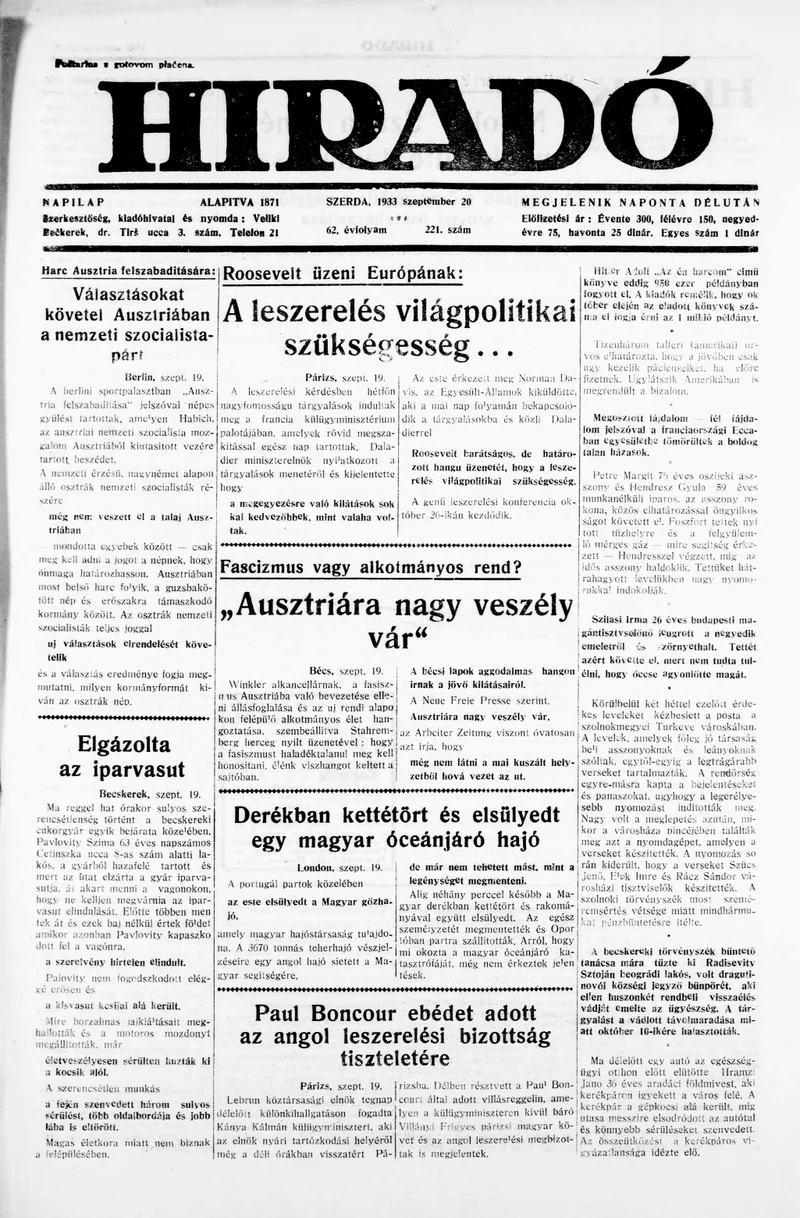 Híradó, 62. évf. 1933. szeptember 20. 221. sz.