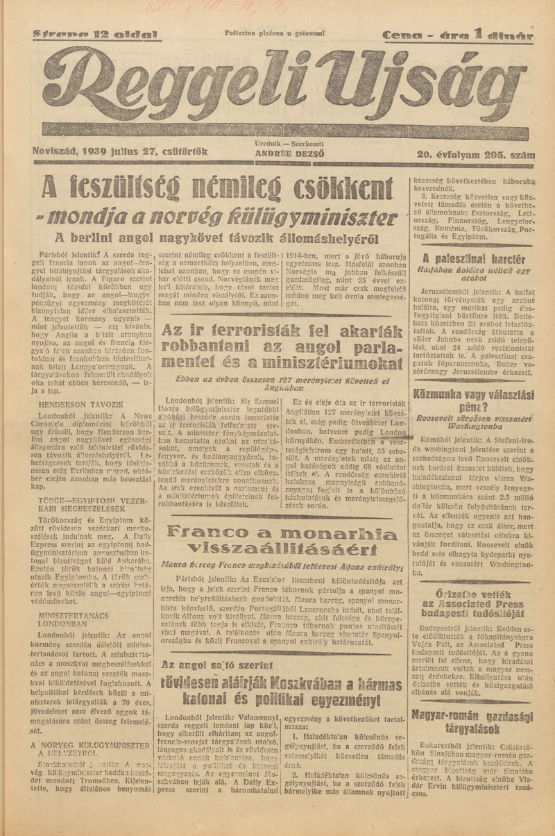 Reggeli Újság, 20. évf. 1939. július 27. 205. sz.