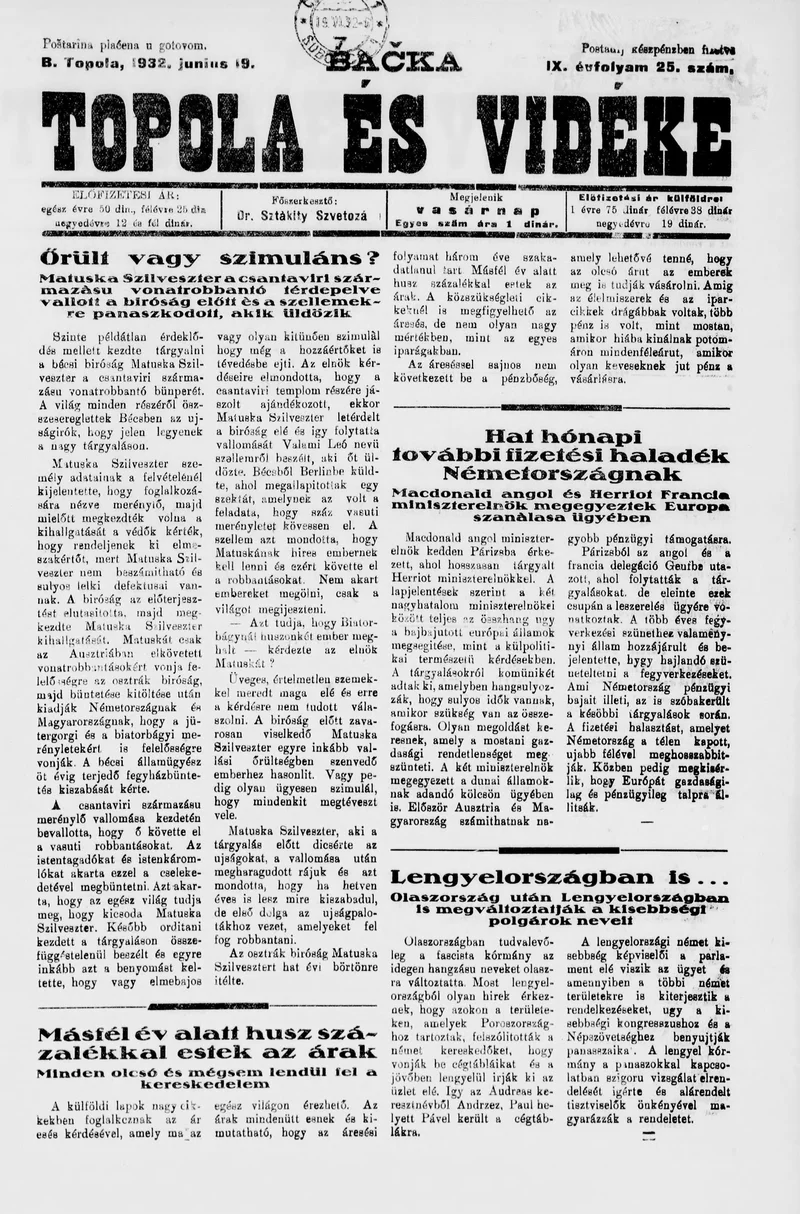 Bačka Topola és Vidéke, 9. évf. 1932. június 19. 25. sz.