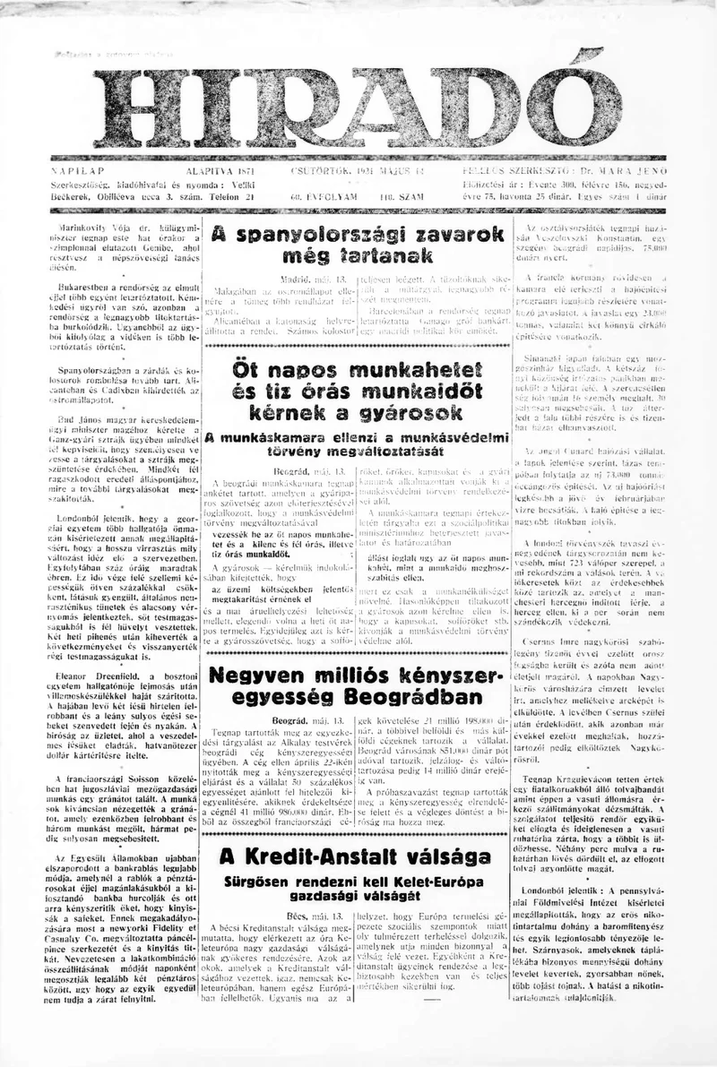 Híradó, 60. évf. 1931. május 14. 110. sz.